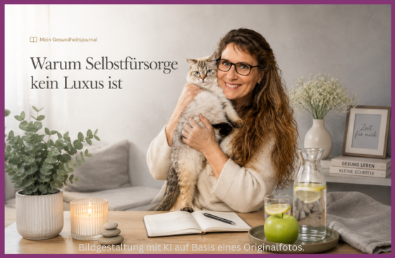 Christine Weidner mit Katze schmusend am Tisch