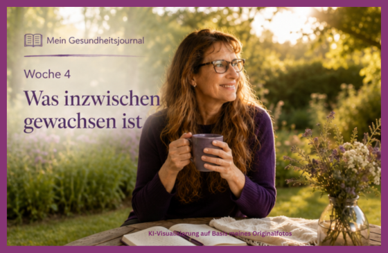 Christine Weidner sitzt mit einem Journal entspannt in einem sommerlichen Garten. Das Bild steht für persönliches Wachstum und die Kraft kleiner Gewohnheiten.