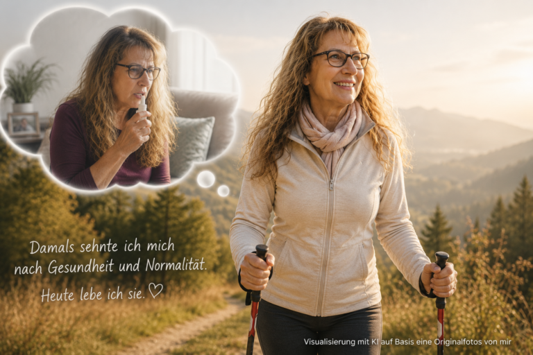 Christine blickt nachdenklich in die Ferne und erinnert sich an ihre Sehnsucht nach Gesundheit.